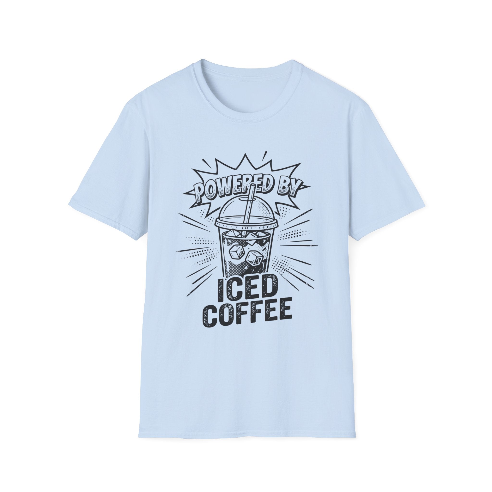 light blue Powered By Iced Coffee T-Shirt